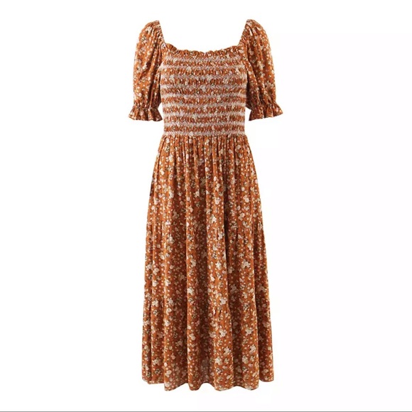 Cottagecore floral print boho dress green shirred - Picture 6 of 8